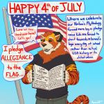  1:1 2020 4th_of_july anthro black_sclera book bottomwear clothed clothing dialogue digital_media_(artwork) english_text felid flag fur hi_res holidays horn hybrid koorivlf koorivlf_tycoon male mammal open_mouth pantherine pants politics procyonid raccoon red_body red_fur shirt simple_background smile solo stripped text tiger topwear united_states_of_america 