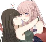  2girls artist_name bangs bare_shoulders black_gloves blush breasts brown_eyes brown_hair closed_mouth commentary embarrassed eyebrows_visible_through_hair face-to-face girls_frontline gloves grey_shirt hair_between_eyes hair_ornament heart hug lips long_hair looking_at_another m4a1_(girls_frontline) multicolored_hair multiple_girls parted_lips pink_hair purple_eyes purple_hair shirt sidelocks simple_background sleeveless sleeveless_shirt smile st_ar-15_(girls_frontline) streaked_hair sui_(camellia) sweat white_background yuri 