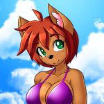 1:1 absurd_res anthro bra breasts bust_portrait canid canine cleavage clothed clothing cloudscape female hair hi_res mammal nekonny portrait sky smile solo underwear upstairstudios 