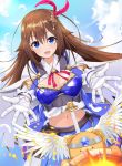  1girl adapted_costume ankimo_(tokino_sora) belt belt_pouch blue_eyes blue_jacket blue_skirt blue_sky breasts brown_hair cape center_opening cleavage cloud cloudy_sky commentary cowboy_shot day dutch_angle embers eyebrows_visible_through_hair feathers gloves hair_between_eyes hair_feathers hair_flaps hair_ornament highres hololive jacket long_hair looking_at_viewer medium_breasts midriff miniskirt navel neck_ribbon open_mouth outdoors pleated_skirt pouch red_neckwear ribbon satobitob shield shirt skirt sky smile solo star_(symbol) star_hair_ornament striped tokino_sora vertical_stripes virtual_youtuber white_cape white_gloves white_shirt wing_collar 