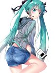  1girl absurdres blush cellphone cowboy_shot denim denim_shorts green_eyes green_hair hair_between_eyes hair_ribbon hands_in_pockets hatsune_miku headset highres hood hoodie long_hair mouth_hold phone ribbon seno_(nanrandesu) short_shorts shorts simple_background smartphone solo twintails very_long_hair vocaloid white_background 