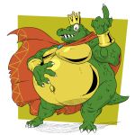 2019 anthro belly big_belly cape clothing crazy_eyes crocodilian crown donkey_kong_(series) fangs gesture green_body green_scales hand_on_stomach hi_res jewelry king_k._rool kremling looking_at_viewer male navel nintendo outie_navel overweight pecs pointing pointing_up reagan700 reptile scales scalie sharp_teeth solo teeth video_games yellow_body 