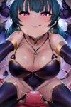  1girl ass_visible_through_thighs bangs bare_shoulders bat_wings black_collar black_gloves black_legwear black_leotard black_wings blue_hair blush breasts cleavage closed_mouth collar collarbone demon_girl demon_horns demon_tail demon_wings earrings elbow_gloves eyebrows_visible_through_hair eyelashes foreshortening glint gloves groin half-closed_eyes high_heels highleg highleg_leotard highres horns jewelry large_breasts leotard licking_lips long_hair looking_at_viewer love_live! love_live!_sunshine!! navel outstretched_arm pov reaching reaching_out shiny shiny_skin solo spread_wings strap_gap stud_earrings succubus sweat tail tem10 thighhighs thighs tiptoes tongue tongue_out tsushima_yoshiko wings yellow_footwear zipper 
