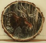  2010 antlers brown_body brown_fur bust_portrait capreoline cervid detailed_background feral fur horn leaf log male mammal moose outside painting_(artwork) portrait side_view solo traditional_media_(artwork) tree tuomas_koivurinne wood 