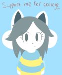  blue_background english_text eyelashes fur grey_hair hair hi_res leloopwo mammal mouth_closed signature simple_background striped_shirt tem temmie_(undertale) text undertale video_games white_body white_fur 