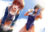  ! ... 2girls :d :o bangs black_eyes black_hair blue_jacket blue_sky blue_swimsuit blurry blurry_foreground bottle breasts brown_hair cat cleavage cloud cloudy_sky competition_swimsuit covered_navel day depth_of_field drying drying_hair eyebrows_visible_through_hair heart holding holding_bottle jacket kiryuu_takahisa large_breasts leaning_forward long_hair looking_at_viewer low_twintails medium_hair multiple_girls no_pants one-piece_swimsuit open_mouth original outdoors red_eyes sky smile spoken_ellipsis spoken_exclamation_mark squatting stopwatch stopwatch_around_neck swimsuit towel towel_on_head translated twintails watch water_bottle 