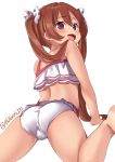  1girl :d back bikini blush brown_eyes brown_hair ebifurya fang fang_out from_behind highres kantai_collection libeccio_(kantai_collection) long_hair looking_at_viewer looking_back open_mouth simple_background smile solo swimsuit twintails twitter_username white_background white_bikini 