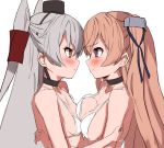  2girls amatsukaze_(kantai_collection) asymmetrical_docking bikini bikini_top blush breast_press breasts brown_eyes brown_hair choker closed_mouth face-to-face fanbox_reward from_side hair_ribbon johnston_(kantai_collection) kantai_collection long_hair medium_breasts multiple_girls paid_reward profile purple_eyes ribbon silver_hair simple_background sketch small_breasts strap_gap swimsuit takanashi_kei_(hitsujikan) two_side_up upper_body white_background white_bikini 