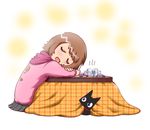  blush brown_hair cat closed_eyes highres kotatsu original short_hair sitting sleeping solo table uusaa 