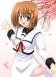  blue_eyes brown_hair cherry_blossoms hair_ornament highres lask lyrical_nanoha mahou_shoujo_lyrical_nanoha mahou_shoujo_lyrical_nanoha_a's school_uniform seishou_elementary_school_uniform short_hair solo waving x_hair_ornament yagami_hayate 