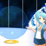  bare_shoulders blue_hair earth globe meneru necktie original short_hair sleeveless solo space star twintails yellow_eyes 