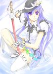  asymmetrical_clothes bad_id bad_pixiv_id food fruit gloves hat highres hinanawi_tenshi long_hair peach purple_eyes purple_hair single_thighhigh solo sumisi sword sword_of_hisou thighhighs touhou weapon 