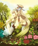  bare_shoulders blonde_hair braid breasts cleavage detached_sleeves flower gradient_hair green_hair hair_ornament large_breasts long_hair multicolored_hair original pointy_ears profile rose s0ad096 solo tree very_long_hair yellow_eyes 