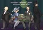  3boys agatha_christie arthur_conan_doyle back bad_id bad_pixiv_id bald black_hair blonde_hair brown_hair couch engrish facial_hair formal green_eyes hat hat_ribbon hercule_poirot highres makinommm multiple_boys mustache original pantyhose ranguage ribbon sherlock_holmes short_hair sitting suit sun_hat sweatdrop the_adventures_of_sherlock_holmes top_hat typo 