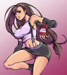  breasts brown_eyes brown_hair final_fantasy final_fantasy_vii fingerless_gloves gloves highres large_breasts legs long_hair low-tied_long_hair pencil_skirt pink_background sketch skirt solo thighs tifa_lockhart yanushi 