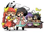  ahoge alternate_costume alternate_hairstyle animal_ears black_hair braid bunny_ears bunny_tail cat_ears cat_tail hair_ribbon hecktop inaba_tewi kaenbyou_rin long_hair multiple_girls multiple_tails music purple_hair red_eyes red_hair reisen_udongein_inaba reiuji_utsuho ribbon short_hair singing tail touhou twin_braids twintails 