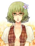  bad_id bad_pixiv_id bespectacled flower glasses green_eyes green_hair hair_flower hair_ornament kazami_yuuka no_bra open_clothes open_shirt parted_lips plaid plaid_vest shirt short_hair short_sleeves solo touhou urin vest 
