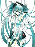  aqua_eyes aqua_hair bridal_gauntlets hatsune_miku hatsune_miku_(append) highres long_hair moonsorrow navel necktie no_panties simple_background solo thighhighs twintails very_long_hair vocaloid vocaloid_append 
