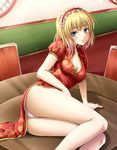  alice_margatroid arm_support bad_id bad_pixiv_id blonde_hair blue_eyes blush breasts china_dress chinese_clothes cleavage closed_mouth dress gradient_hair hairband lazy_susan legs medium_breasts mochi.f multicolored_hair panties short_hair smile solo table thighs touhou underwear 