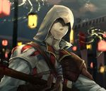  aerial_fireworks assassin's_creed_(series) assassin's_creed_ii blood ezio_auditore_da_firenze fireworks gloves hood jewelry male_focus md5_mismatch necklace polearm scar sen_nai smile solo spear weapon 