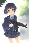  bag blue_eyes blue_hair blush gun h&amp;k_mp5 heckler_&amp;_koch highres komi_zumiko original school_uniform short_hair skirt solo submachine_gun weapon 