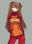  bangs blue_eyes bodysuit bracer breasts brown_hair clothes_writing contrapposto covered_navel cowboy_shot evangelion:_2.0_you_can_(not)_advance gloves grey_background hair_ornament hairpods hands_on_hips head_tilt highres light_smile long_hair looking_at_viewer multicolored multicolored_bodysuit multicolored_clothes neon_genesis_evangelion orange_bodysuit pilot_suit pinzu plugsuit rebuild_of_evangelion red_bodysuit see-through shikinami_asuka_langley simple_background skinny small_breasts solo souryuu_asuka_langley standing test_plugsuit turtleneck very_long_hair 