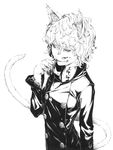  androgynous animal_ears blood cat_ears cat_tail curly_hair greyscale hunter_x_hunter monochrome monster_girl neferpitou short_hair solo sousou_(sousouworks) tail upper_body 