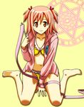  barefoot between_thighs bikini bikini_under_clothes feet frilled_bikini frills hood hoodie kiiro magic_circle mahou_sensei_negima! no_pants parody pink_eyes pink_hair ribbon sasaki_makie short_twintails sitting smile solo swimsuit swimsuit_under_clothes twintails wariza 