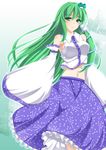  breasts detached_sleeves frog green_eyes green_hair hair_ornament highres kochiya_sanae large_breasts long_hair negamaro sarashi snake solo touhou 