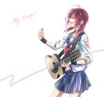  absurdres acoustic_guitar angel_beats! bad_id bad_pixiv_id boston-bosu guitar highres instrument iwasawa laughing plectrum red_hair school_uniform sleeves_rolled_up solo tears yellow_eyes 