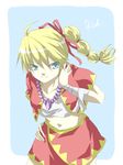  1girl bandage bandages blonde_hair blue_eyes chrono_(series) chrono_cross female jacket jewelry kato_(pixiv346713) kid_(chrono_cross) long_hair midriff miniskirt necklace ponytail red_ribbon ribbon skirt solo tank_top tanktop 