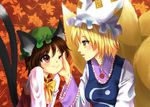  :3 animal_ears bad_id bad_pixiv_id blonde_hair blush bow brown_hair cat_ears cat_tail chen earrings fox_tail hand_on_another's_cheek hand_on_another's_face hat jewelry multiple_girls multiple_tails nunucco one_eye_closed red_eyes short_hair smile tail touhou yakumo_ran yellow_eyes 