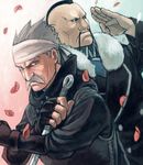  buccaneer_(fma) facial_hair fighting_stance fingerless_gloves fu_(fma) fullmetal_alchemist gloves grey_hair headband male_focus manly mohawk mukuo multiple_boys mustache old_man petals salute spiked_hair spoilers weapon 