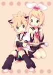  1girl animal_ears bad_id bad_pixiv_id bell blonde_hair blue_eyes blush bow brother_and_sister bunny_ears cat_ears cat_tail hair_ornament hair_ribbon hairclip headphones jingle_bell kagamine_len kagamine_rin kemonomimi_mode ousaka_nozomi ribbon short_hair siblings simple_background sitting smile tail twins vocaloid 