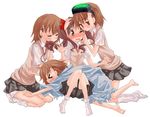  &gt;_&lt; assertive bad_id bad_pixiv_id barefoot blush brown_eyes brown_hair closed_eyes empty_eyes head_mounted_display jpeg_artifacts last_order long_hair misaka_imouto misaka_mikoto multiple_girls myama role_reversal school_uniform shirai_kuroko short_hair sweater_vest to_aru_kagaku_no_railgun to_aru_majutsu_no_index twintails 