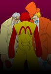  alexander_anderson alucard_(hellsing) angry bow bowtie captain_(hellsing) chicken_(food) clenched_teeth clown colonel_sanders dark facial_hair food formal from_behind glasses goatee green_eyes hair_over_one_eye hat hat_over_one_eye hellsing ikumo_taisuke jumpsuit kfc male_focus mcdonald's mos_burger multiple_boys mustache parody red_hair ronald_mcdonald showdown simple_background standing string_tie suit teeth top_hat wand weapon white_hair 
