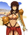  abs armband armor bikini_top breasts brown_eyes brown_hair buckle cleavage colosseum detached_sleeves enoshima_iki gladiator helmet large_breasts lips long_hair muscle muscular_female original scar solo thighs weapon 