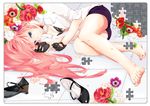  anemone_(flower) bad_id bad_pixiv_id barefoot bee blue_eyes bra breasts bug cleavage feet fingerless_gloves flower gloves hatsuko high_heels insect jigsaw_puzzle legs lingerie long_hair lying medium_breasts megurine_luka nail_polish on_side pink_hair pink_nails puzzle shoes solo toenail_polish underwear vocaloid 