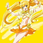  blonde_hair bow brown_eyes choker cure_sunshine heartcatch_precure! legs long_hair magical_girl makacoon midriff myoudouin_itsuki orange_choker orange_skirt precure skirt solo twintails yellow yellow_background yellow_bow 