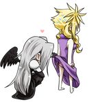  blonde_hair clenched_hand cloud_strife dress dress_lift final_fantasy final_fantasy_vii from_behind gloves heart long_hair multiple_boys no_eyes panties pink_panties sephiroth side-tie_panties silver_hair simple_background single_wing squatting sweatdrop towo3 underwear wings 