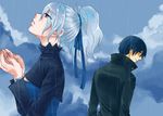  1boy 1girl blue_eyes blue_hair cloud coat darker_than_black dress hair_ribbon hei looking_back looking_up ponytail profile rain ribbon silver_hair wet wet_hair wristband yin 