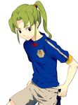  androgynous green_hair inazuma_eleven inazuma_eleven_(series) long_hair male male_focus midorikawa_ryuuji pants ponytail shirt t-shirt trap 