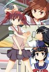  armband black_hair brown_eyes brown_hair flower hair_flower hair_ornament hayate_(higan_sakura) head_wreath long_hair misaka_mikoto multiple_girls nail needle sakugawa_school_uniform saten_ruiko school_uniform serafuku shirai_kuroko short_hair skirt sweater_vest throwing_needles to_aru_kagaku_no_railgun to_aru_majutsu_no_index tokiwadai_school_uniform twintails uiharu_kazari 