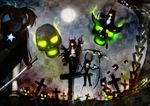  bad_id bad_pixiv_id black_devil_girl black_dress black_gold_saw black_hair black_rock_shooter black_rock_shooter_(character) burning_eye dead_master dress earphones glowing glowing_eyes green_eyes highres horns king_saw long_hair midriff multiple_girls pale_skin red_eyes scythe skull sword ta_(shyura) twintails weapon 