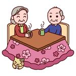  1girl cat couple grey_hair hetero kotatsu misaki_(sozaiya) old_man old_woman original sitting smile table 