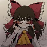  bespectacled brown_eyes brown_hair chibi chibi_inset glasses glint hakurei_reimu red-framed_eyewear semi-rimless_eyewear solo touhou translated under-rim_eyewear urita_(vivivinicol) yukkuri_shiteitte_ne 