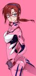  ass blue_eyes bodysuit brown_hair evangelion:_2.0_you_can_(not)_advance glasses long_hair looking_back makinami_mari_illustrious neon_genesis_evangelion pink_bodysuit plugsuit rebuild_of_evangelion simple_background solo ttomm 