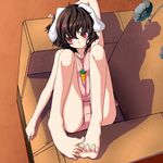  animal_ears barefoot bored brown_hair bunny_ears camisole carrot chair colorized easy_chair feet highres inaba_tewi ko-&gt;u legs lying muku_(muku-coffee) red_eyes shorts solo toes touhou 