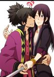  bad_id bad_pixiv_id black_eyes black_hair blade blush closed_eyes hug left-handed male_focus multiple_boys nakamura_hiro_(nobody10ch) ponytail raven_(tales) smile tales_of_(series) tales_of_vesperia white_background wince yuri_lowell 