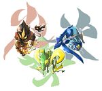  flame full_body gen_5_pokemon horns monster no_humans oshawott pokemon pokemon_(creature) simple_background snivy standing tachi_(kurogane13z) tepig water whiskers white_background 